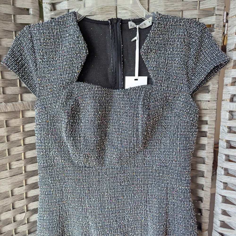 Grace Karin Tweed Sheath Dress Black White Multicolor Cap Sleeve Sz M Bodycon - Picture 2 of 10